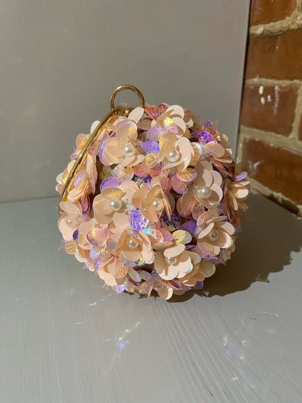 Pearl & Sequin Floral Clutch in Blush